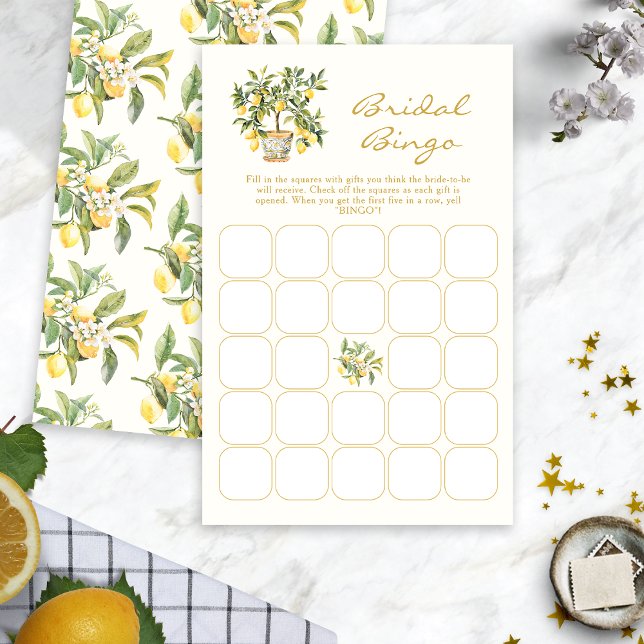 Watercolor Citroen Bruidsbingo (Watercolor Lemon Floral Bridal Bingo Game by Painted Paperie
)