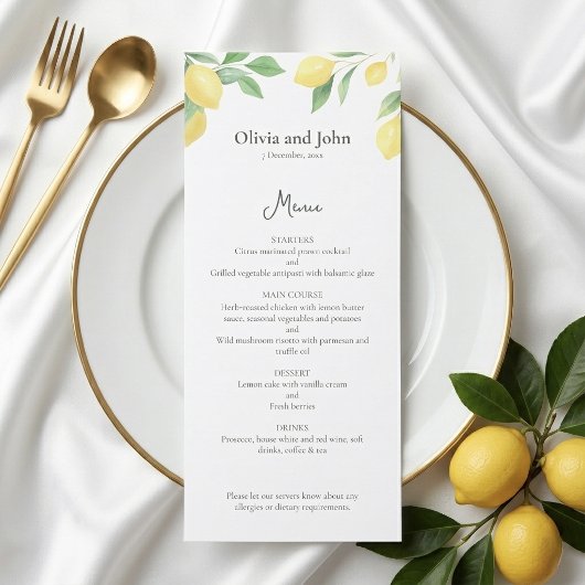 Watercolor Citroen Loofwerk Elegant Huwelijksmenu Menu