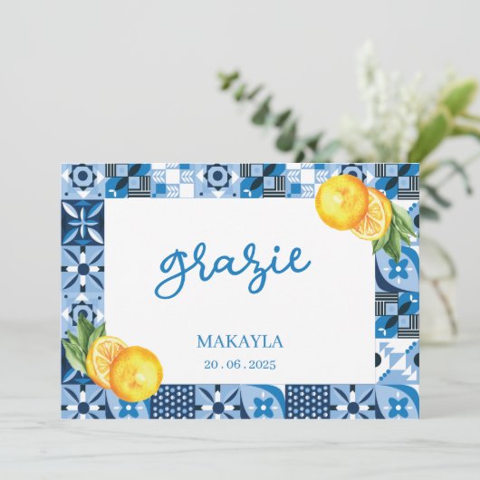 Watercolor Citroen Positano Bruidsfeest Grazie Bedankkaart (Staand voorkant)