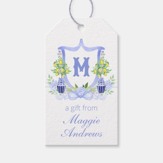 Watercolor citroenboom monogram wapenschild cadeaulabel (Voorkant)