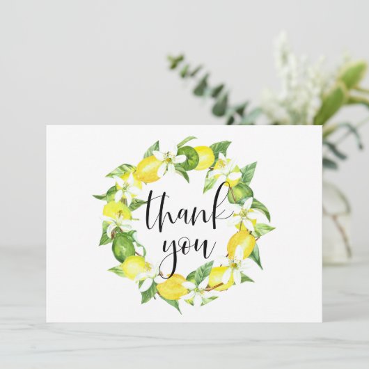 Watercolor citroenen en bloesem krans bruiloft bedankkaart (Staand voorkant)