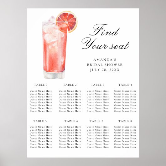 Watercolor Citrus Cocktail Wedding seating chart Poster (Voorkant)