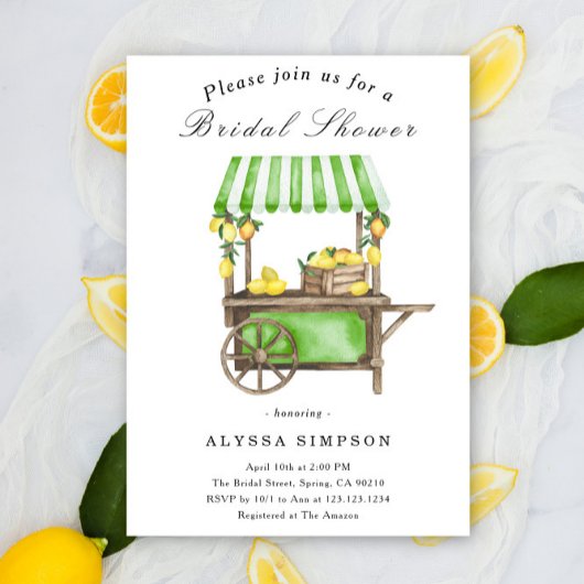 Watercolor Citrus Lemon Cart Bridal Shower Kaart