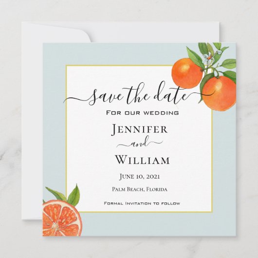 Watercolor citrus met aqua rand Bruiloft Save The Date (Voorkant)
