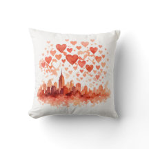 Watercolor City Skyline Hearts Throw Pillow