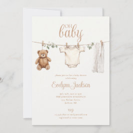 Watercolor Clothesline Neutral Baby Shower Kaart