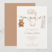 Watercolor Clothesline Neutral Baby Shower Kaart (Voorkant / Achterkant)