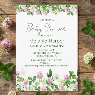 Watercolor Clover Meadow Baby Shower Kaart