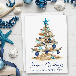 Watercolor Coastal Tree Seas and Greetings Beach Feestdagenkaart