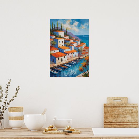 Watercolor Coastal Village  sailboat   Poster (Keuken)