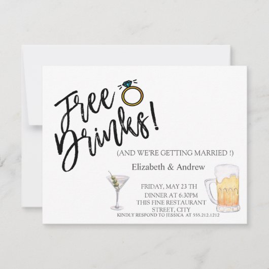 Watercolor Cocktail,Bier,Gratis Dranken Bruiloft Kaart (Voorkant)