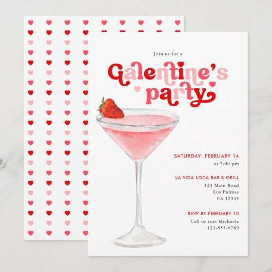 Watercolor Cocktail Retro Galentine's Day Feestje Kaart (Voorkant / Achterkant)