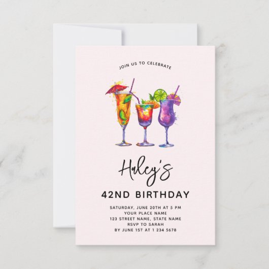 Watercolor Cocktails 42e Verjaardagsfeestje Kaart (Voorkant)
