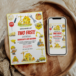 Watercolor Construction 2nd Birthday Party Kaart