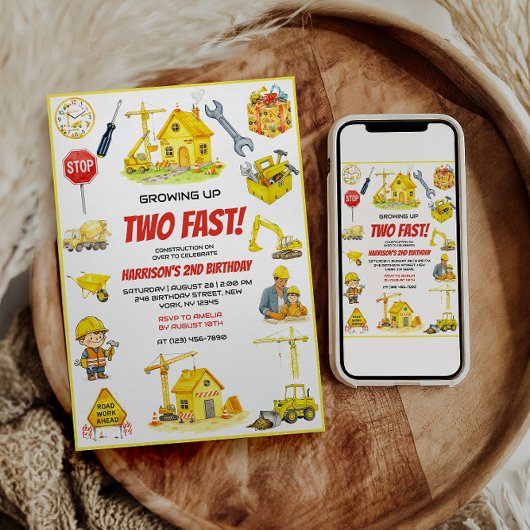 Watercolor Construction 2nd Birthday Party Kaart