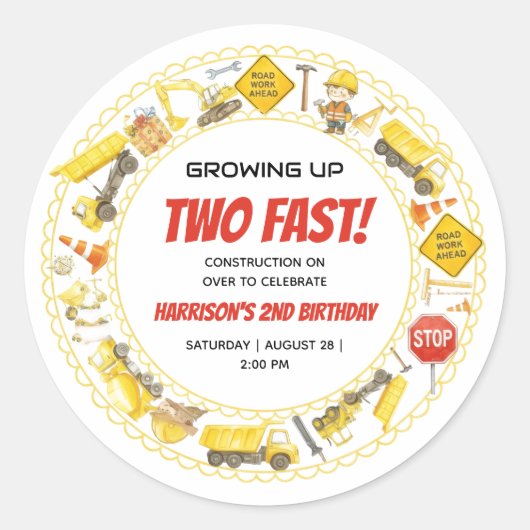 Watercolor Construction 2nd Birthday Party Ronde Sticker (Voorkant)