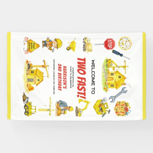 Watercolor Construction 2nd Birthday Party  Spandoek (Horizontaal)