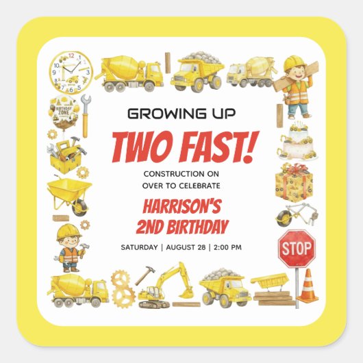 Watercolor Construction 2nd Birthday Party Vierkante Sticker (Voorkant)