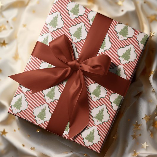 Watercolor Coquette Christmas Tree Striped Pattern Cadeaupapier