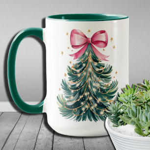 Watercolor Coquette Strik Glitter Kerstboom Mok