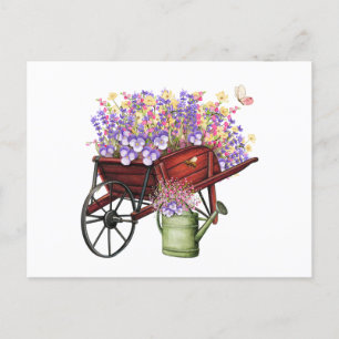 Watercolor Country Wagon, Watering Can & Flowers Briefkaart