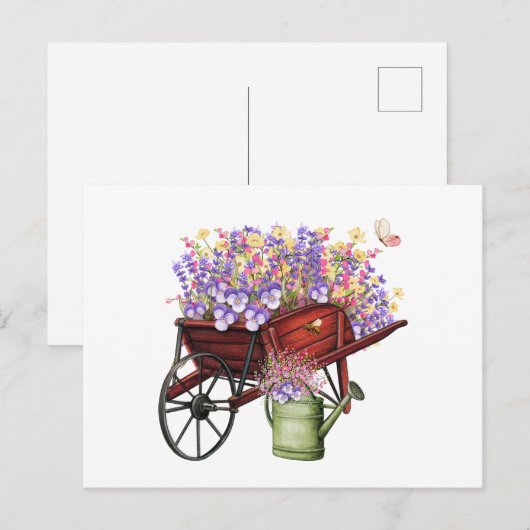 Watercolor Country Wagon, Watering Can & Flowers Briefkaart (Voorkant / Achterkant)