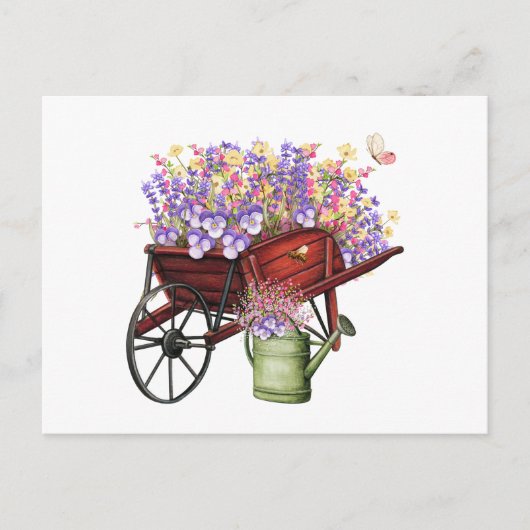 Watercolor Country Wagon, Watering Can & Flowers Briefkaart (Voorkant)
