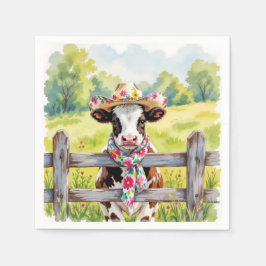 Watercolor Cow Wearing a Summer Hat Servet