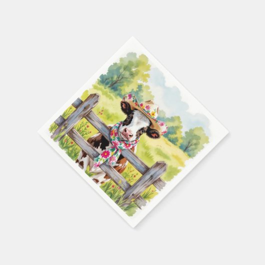 Watercolor Cow Wearing a Summer Hat Servet (Hoek)