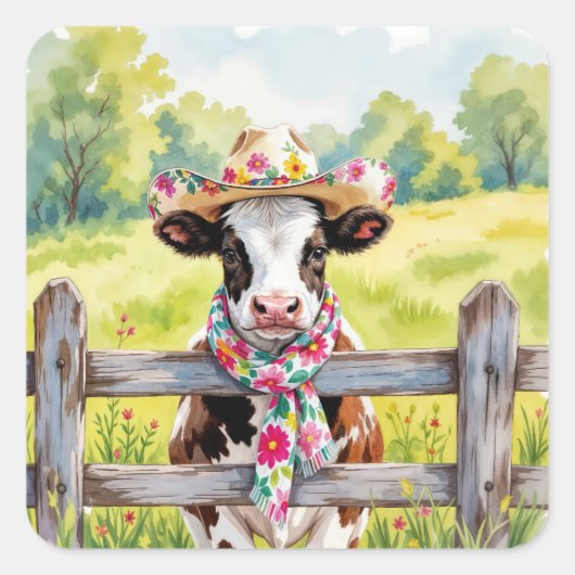 Watercolor Cow Wearing a Summer Hat Vierkante Sticker (Voorkant)