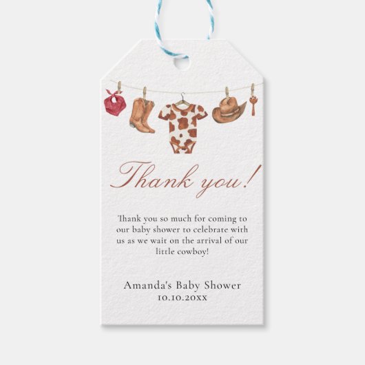 Watercolor cowboy Baby Shower Thank you Cadeaulabel (Voorkant)
