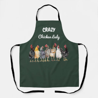 Watercolor Crazy Chicken Lady, Dark Green Farm Schort