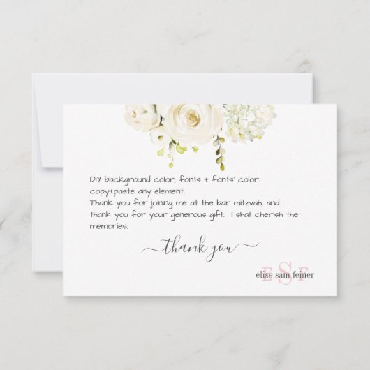 Watercolor Crème Rozen Hydrangea Dank je Bedankkaart (Achterkant)