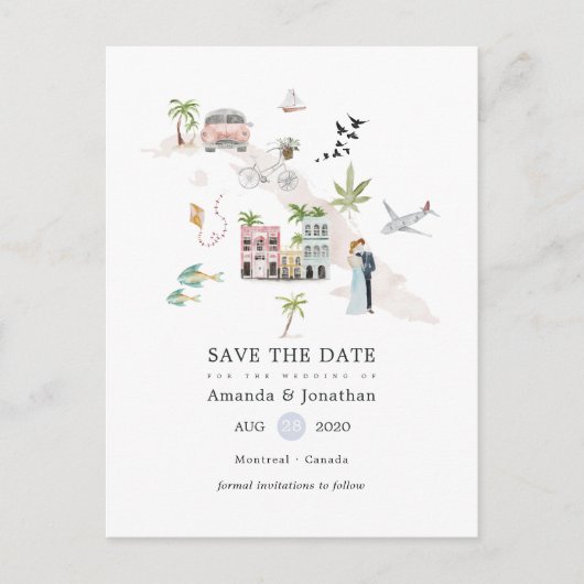 Watercolor Cuba Bestemming Trouwdag Save the Date Aankondigingskaart (Voorkant)