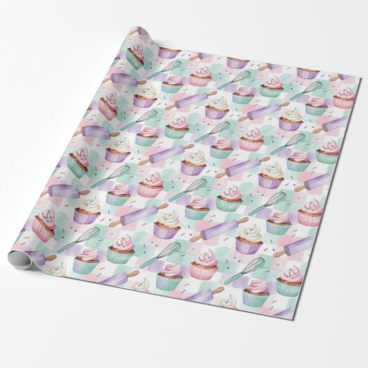 Watercolor Cupcake Lavender Pastel Baking Cadeaupapier (Uitgerold)