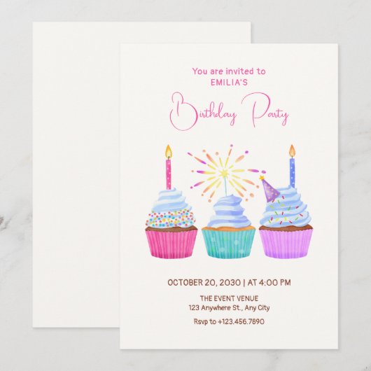 Watercolor cupcakes birthday kaart (Voorkant / Achterkant)