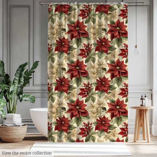 Watercolor Curtain with Red Christmas Poinsettias Douchegordijn