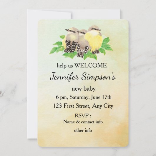 Watercolor Cute Birds Baby Shower Kaart (Achterkant)