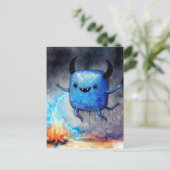 Watercolor Cute Blue Monster and a Campfire Briefkaart (Staand voorkant)