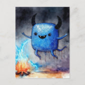 Watercolor Cute Blue Monster and a Campfire Briefkaart (Voorkant)