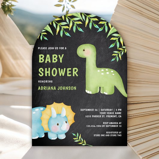 Watercolor Cute Dinosaur Chalkboard Baby Shower Kaart