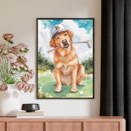 Watercolor Cute Golden Retriever Golf Canvas Afdruk