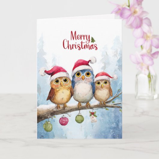 Watercolor Cute Owls Whimsical Christmas Folded Kaart (Orchidee)
