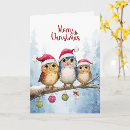 Watercolor Cute Owls Whimsical Christmas Folded Kaart (Gele Bloem)