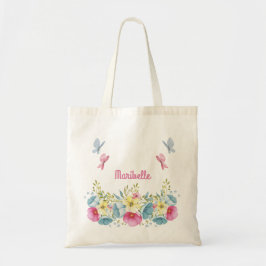 Watercolor Cute Pink Blue Butterflies Floral Tote Bag