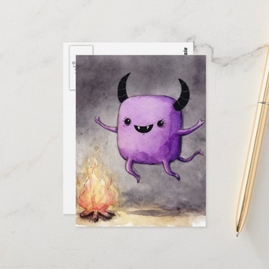 Watercolor Cute Purple Monster and a Campfire Briefkaart (Voorkant / Achterkant in situ)