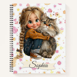Watercolor Cute Quirky Girl with a Cat Notitieboek