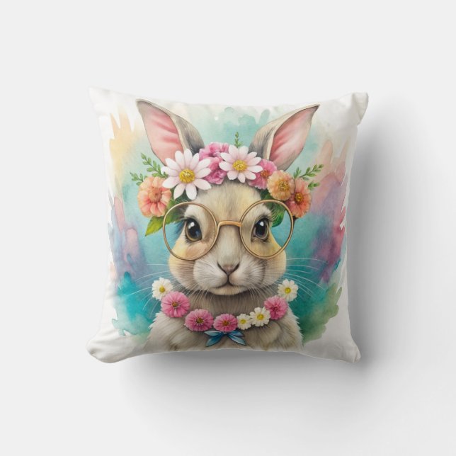 Watercolor Cute Rabbit Wildflowers Kussen (Voorkant)