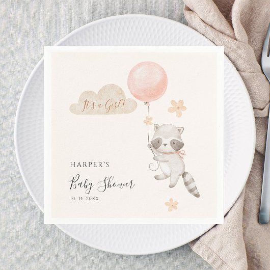Watercolor Cute Raccoon Flying Balloon Baby Shower Servet