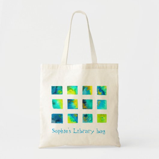 Watercolor cute squares blue library name tote bag (Voorkant)